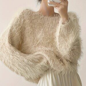 Beige Casual Women's Laid-Back Soft Fluffy Sweater